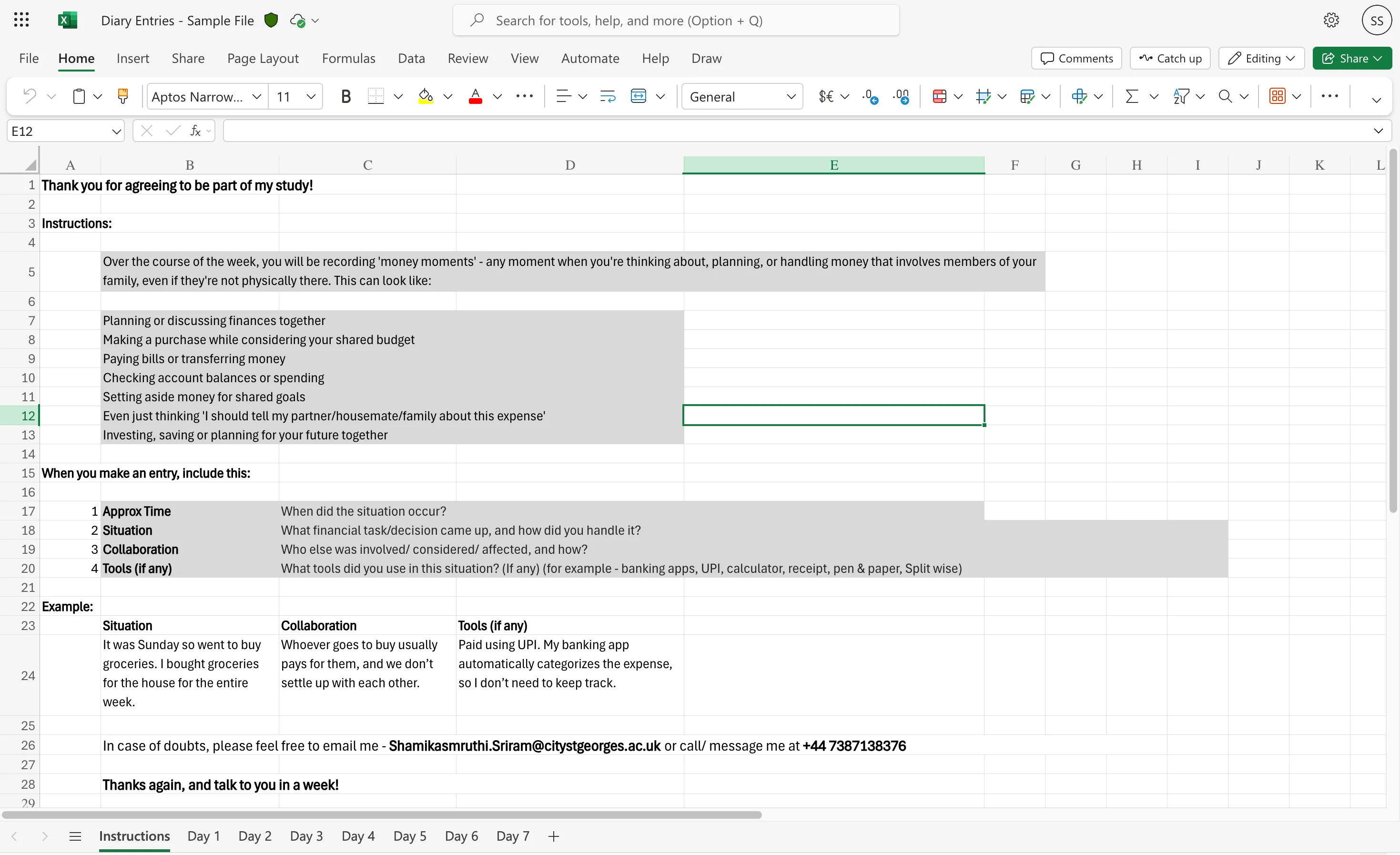 Excel spreadsheet showing diary entry format with columns for situation, collaboration details, and tools used