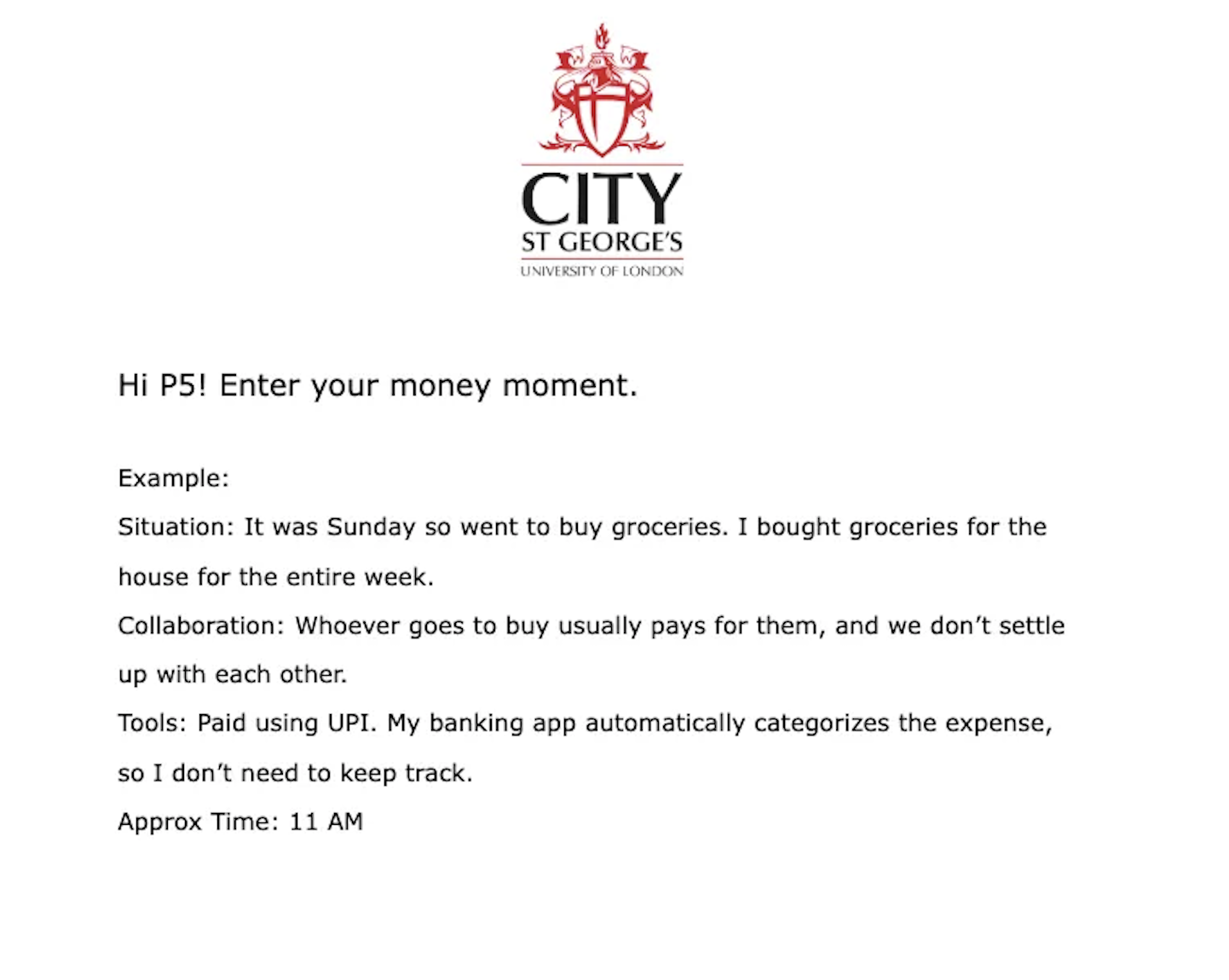 Google Form with text fields asking about financial moments, decision-making, and tools used