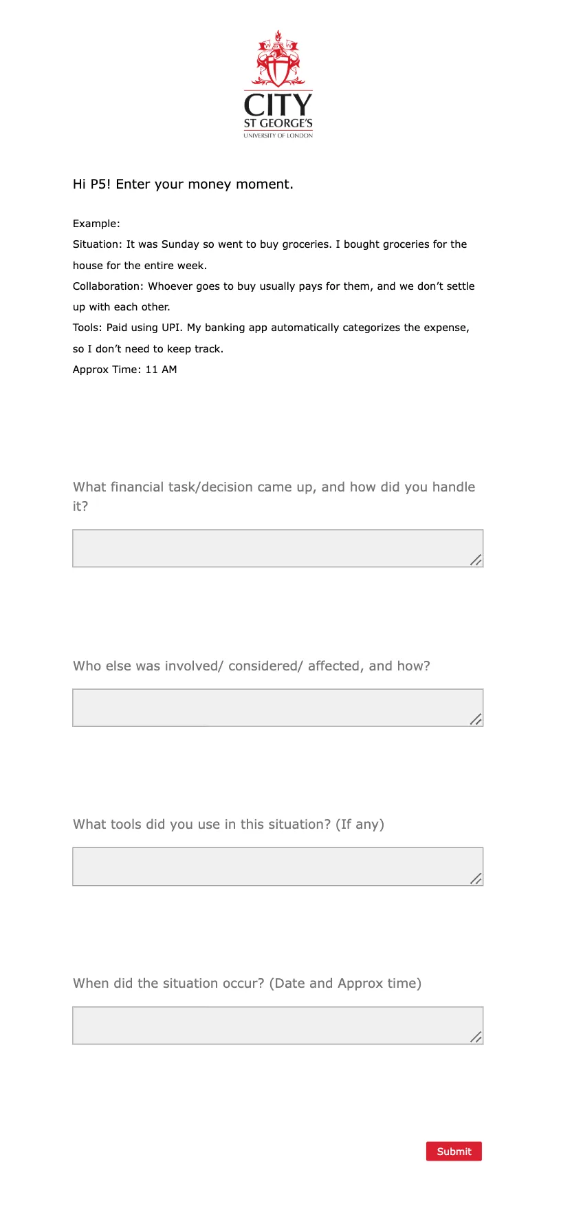 Google Form with text fields asking about financial moments, decision-making, and tools used