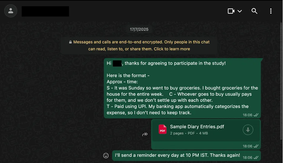 WhatsApp chat screenshot showing participant sending diary entry about grocery shopping and UPI payment tracking